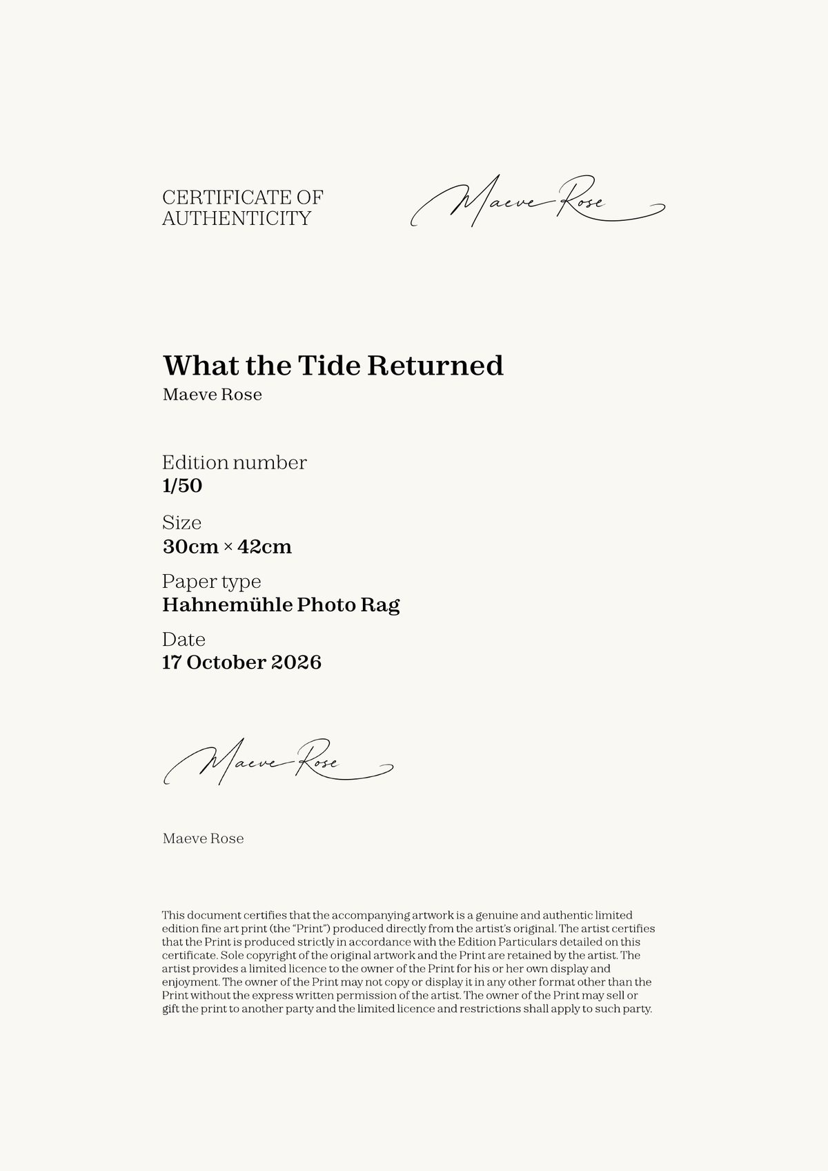 What the Tide Returned — Certificate of Authenticity