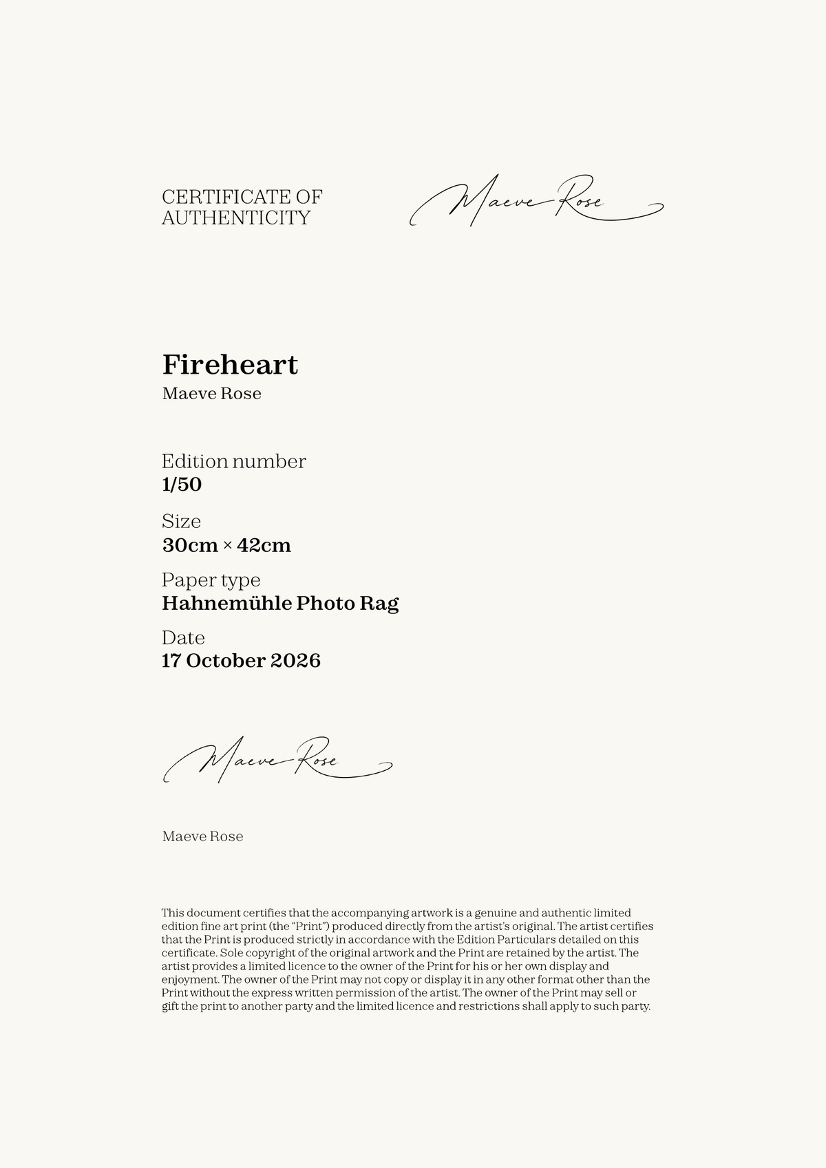 Fireheart — Certificate of Authenticity