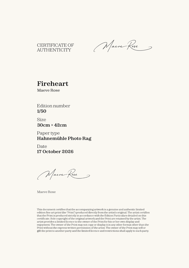 Fireheart — Certificate of Authenticity