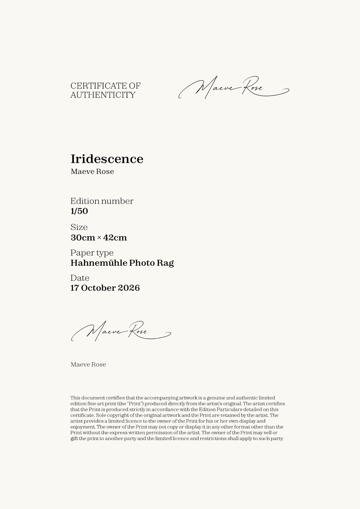 Iridescence — Certificate of Authenticity