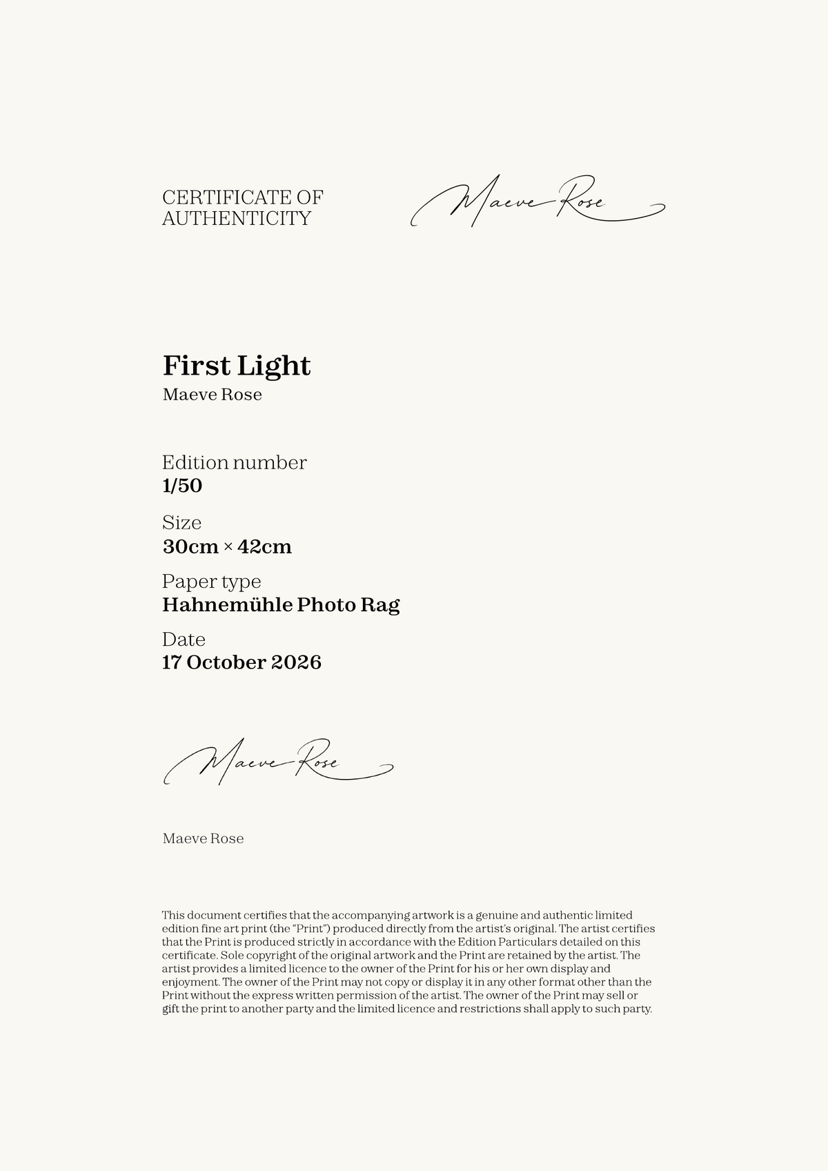 First Light — Certificate of Authenticity