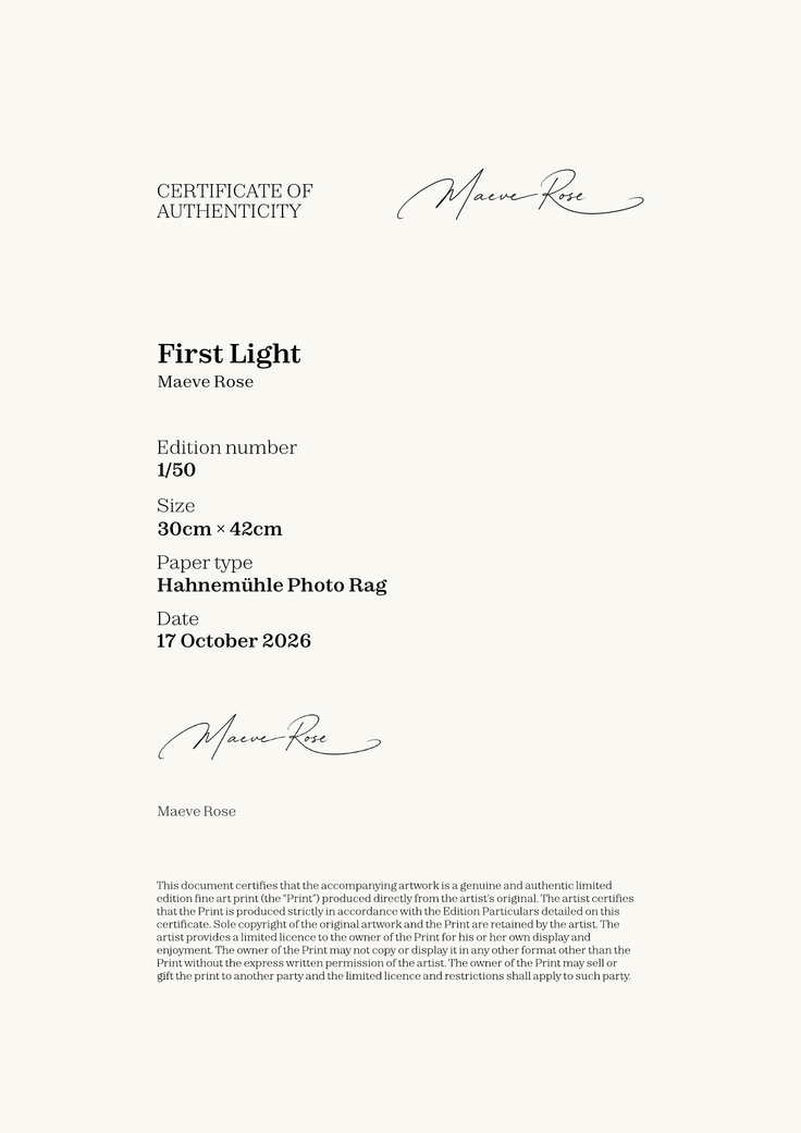 First Light — Certificate of Authenticity
