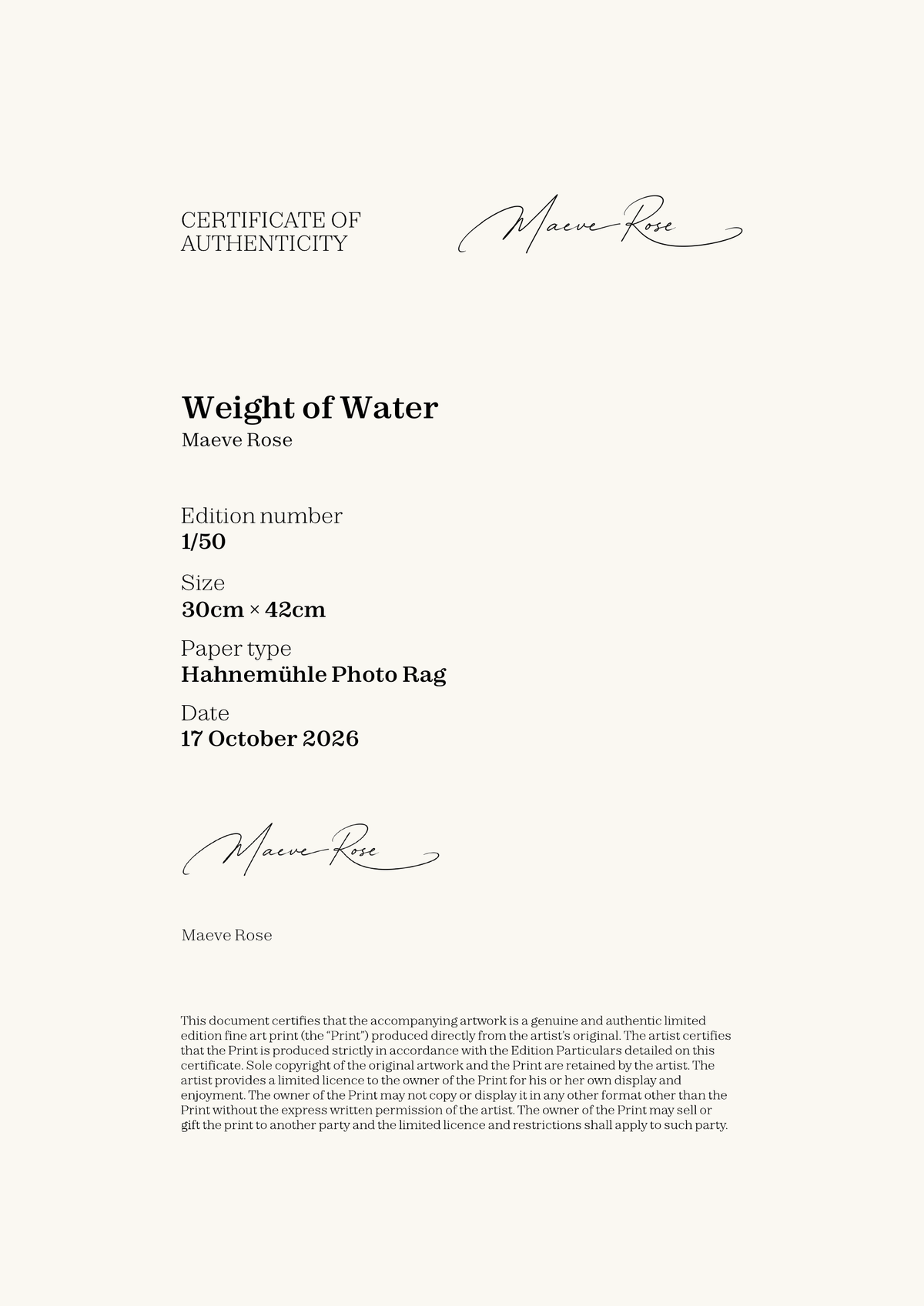 Weight of Water — Certificate of Authenticity