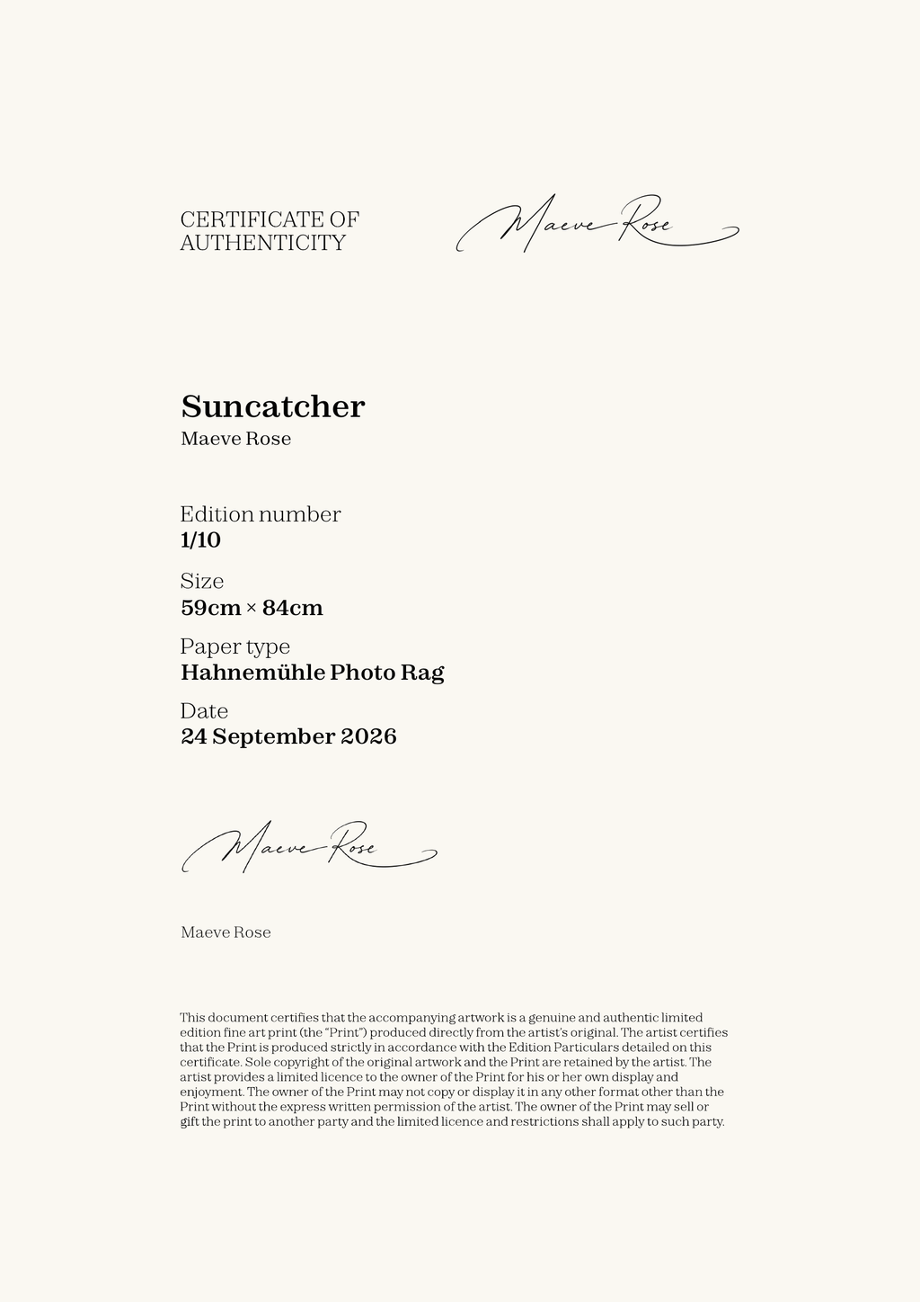 Suncatcher — Certificate of Authenticity
