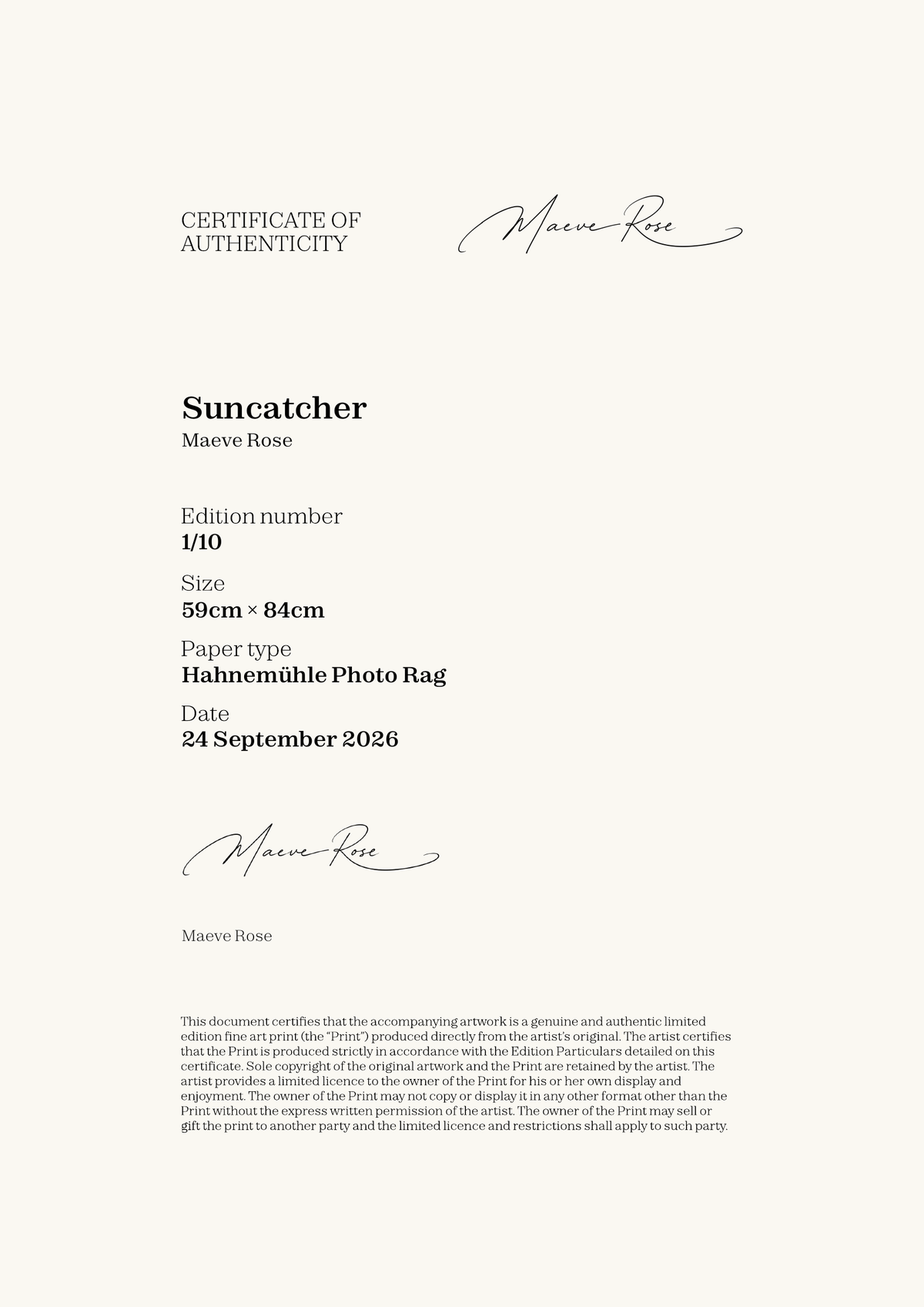Suncatcher — Certificate of Authenticity